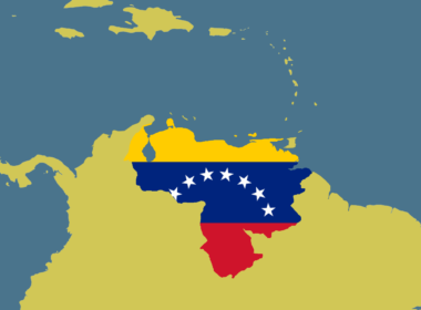 Flag of Venezuela illustrated on geographic map of Venezuela
